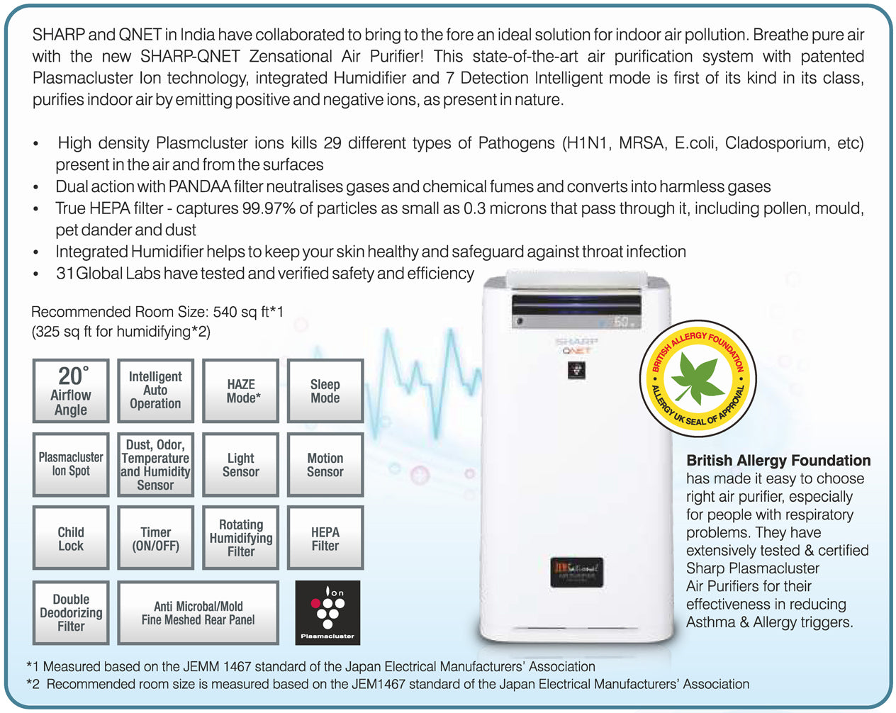 SHARP Air Purifier with Humidifier | Plasmacluster | Removes 99.97% Pollutants - Bacteria, Virus, Mold, VOCs | HEPA & PANDAA Filter | Japan Tech | 540 ft² | KC-G60M-W