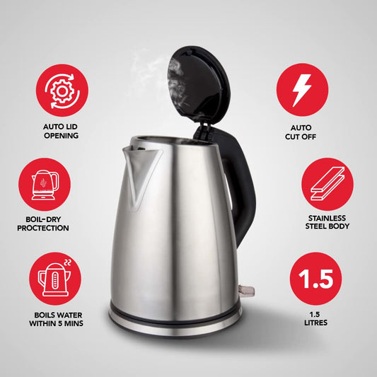 SHARP Stainless Steel Electric Kettle 1.8 Litre Electric Kettle | Auto-Cut function, Auto Lid Open | Japan Quality | EKJ-18WN-S