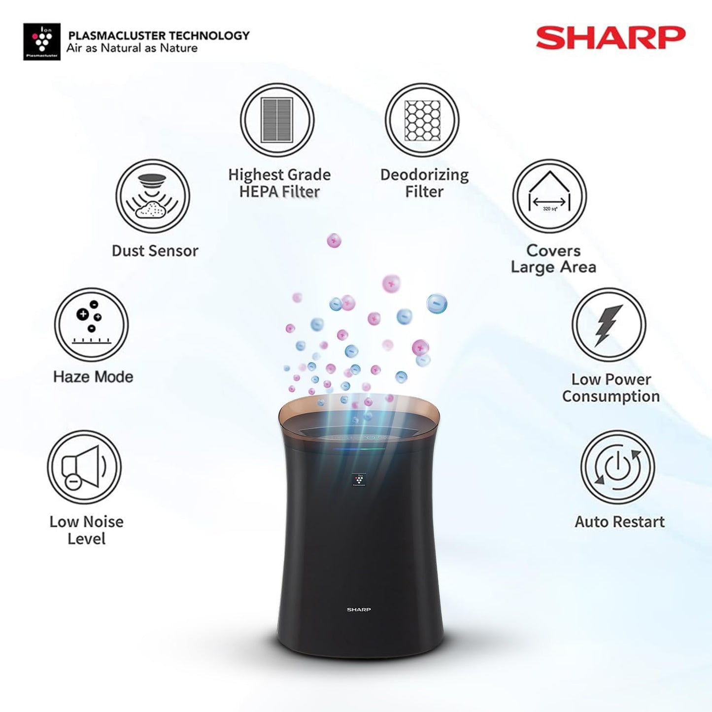SHARP Air Purifier with Plasmacluster | Removes 99.97% Pollutants - Bacteria, Virus, Mold, VOCs | HEPA, Carbon & Pre Filter | Japan Tech | 320 ft² | FP-F40E