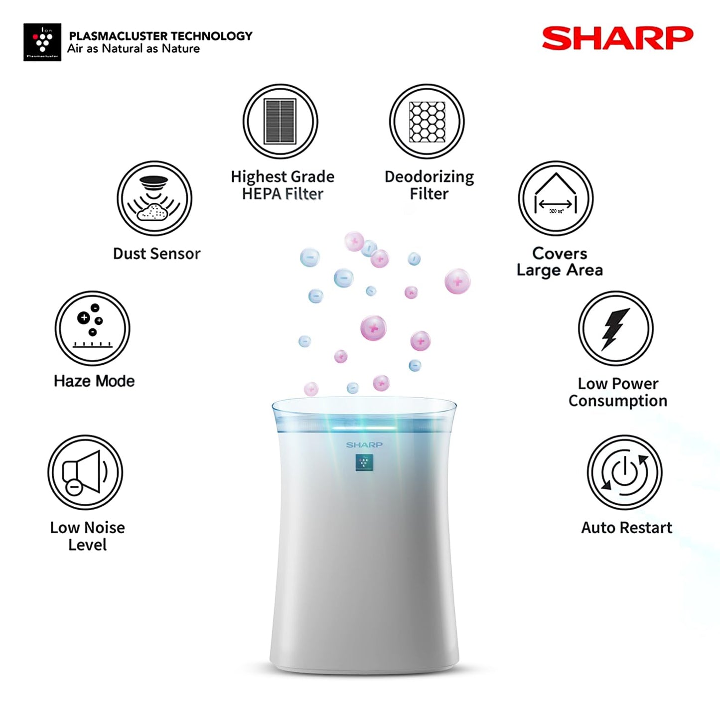 SHARP Air Purifier with Plasmacluster | Removes 99.97% Pollutants - Bacteria, Virus, Mold, VOCs | HEPA, Carbon & Pre Filter | Japan Tech | 320 ft² | FP-F40E
