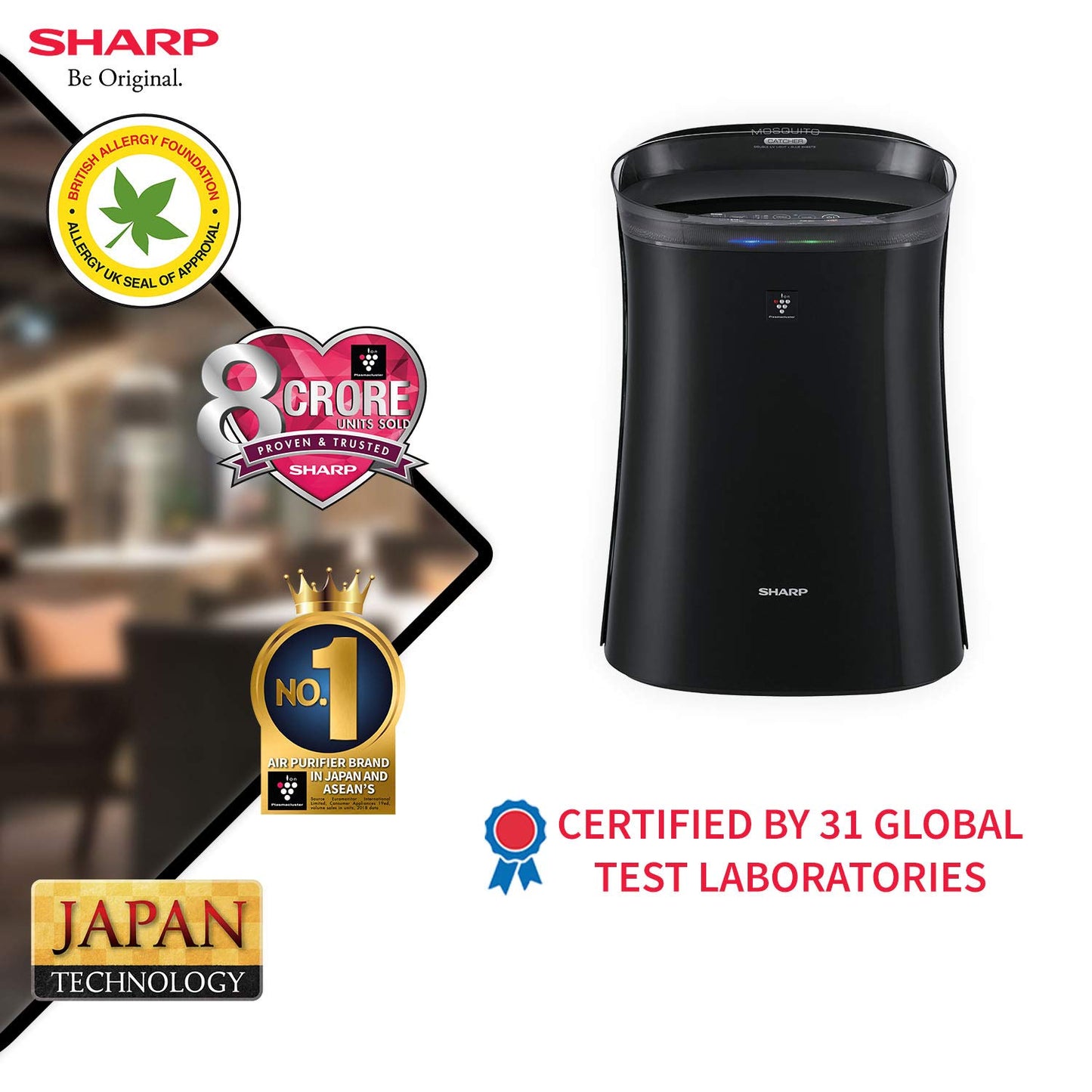 SHARP Room Air Purifier with Mosquito Catcher | Plasmacluster Tech - Removes Bacteria, Virus, Mold, VOCs | Japan Tech | 450 ft² | FP-GM50E-B