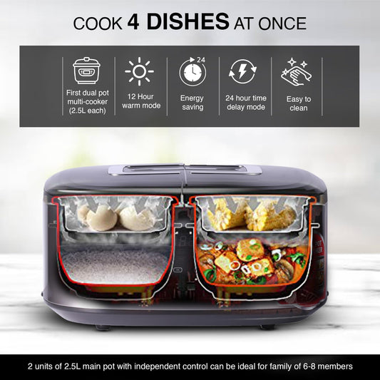 SHARP Electronic Twin Cooker | 5L Non-Stick Dual Pot Design | 12 Auto Cooking Modes | Japan Technology | KN-TC50VI-SL