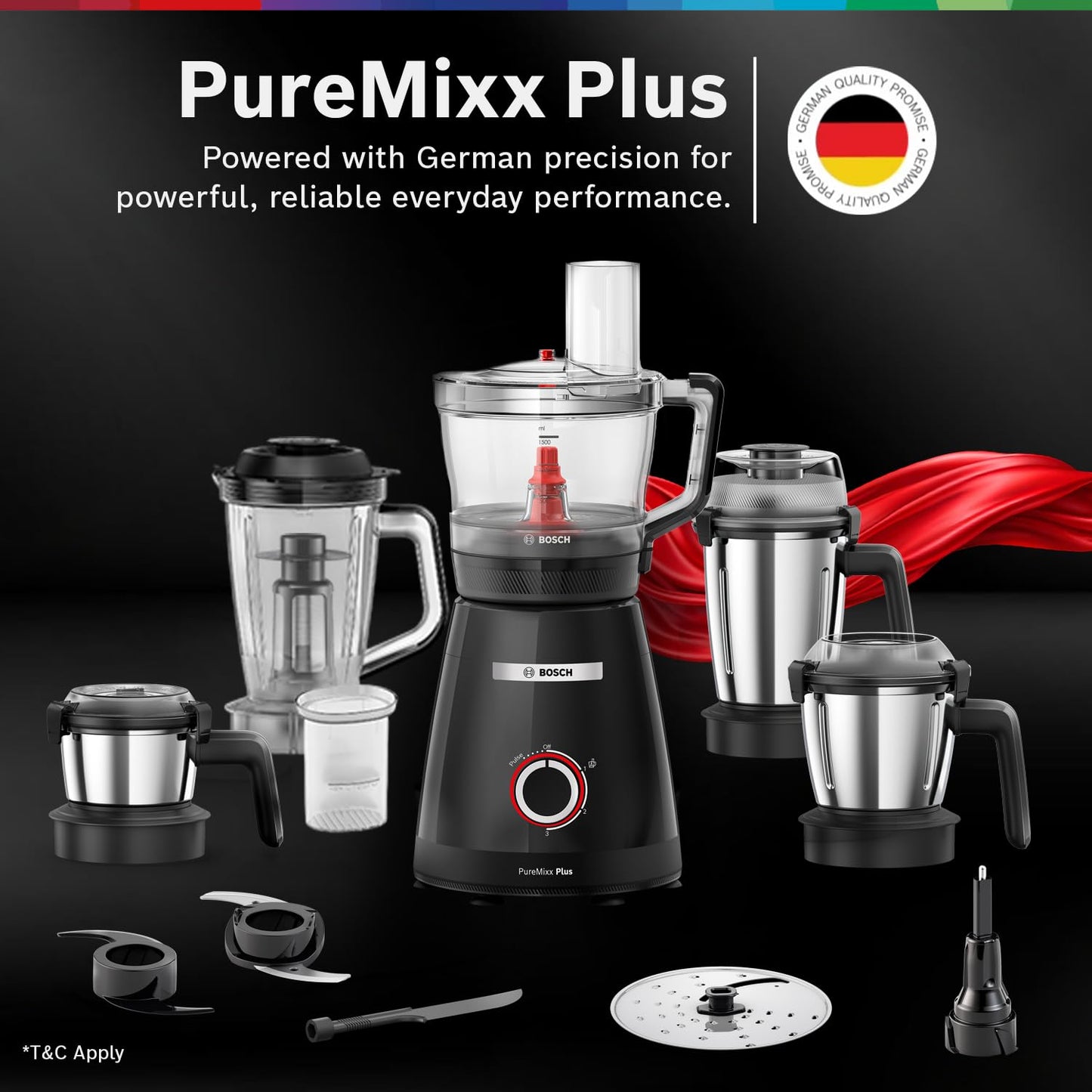 Bosch PureMixx Plus 800W Mixer Grinder & Food Processor | 5 Jars | 40+ Functions | Atta Kneading, Chopping, Wet & Dry Grinding | Hands Free Operation | 7 Year Motor Warranty