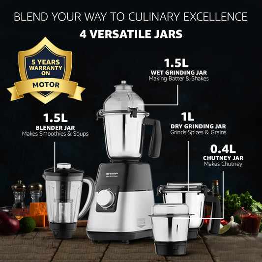 SHARP Juicer Mixer Grinder | Powerful Copper Motor | 4-Jar | Leakproof and Airtight Lid | Japan Quality | EM-JG