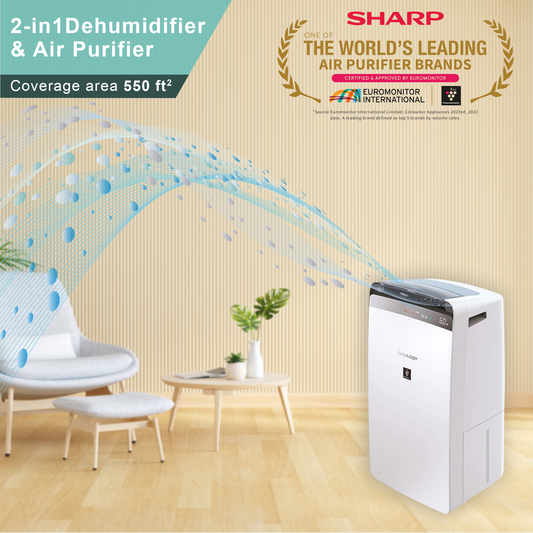 SHARP Air Purifier with Dehumidifier with Plasmacluster | Removes 99.97% Pollutants - Bacteria, Virus, Mold, VOCs  | HEPA, Carbon & Pre Filter | Japan Tech |  550 ft² | DW-J20FM-W