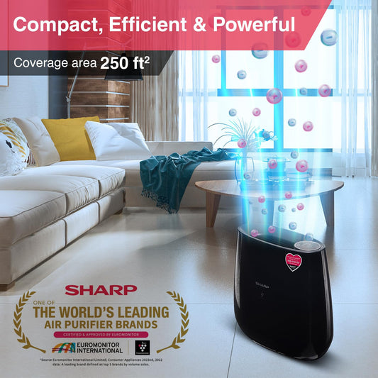 SHARP Air Purifier with Plasmacluster | Removes 99.97% Pollutants - Bacteria, Virus, Mold, VOCs | HEPA, Carbon & Pre Filter | Japan Tech | 250 ft² | FP-J30M-B