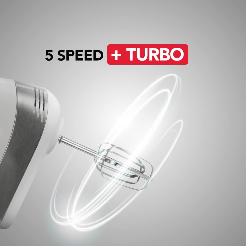 SHARP Hand Mixer | 500W, 5-Speed, Turbo Mode, Multiple Hooks for Whisking and Dough Making | EM-H50N-W