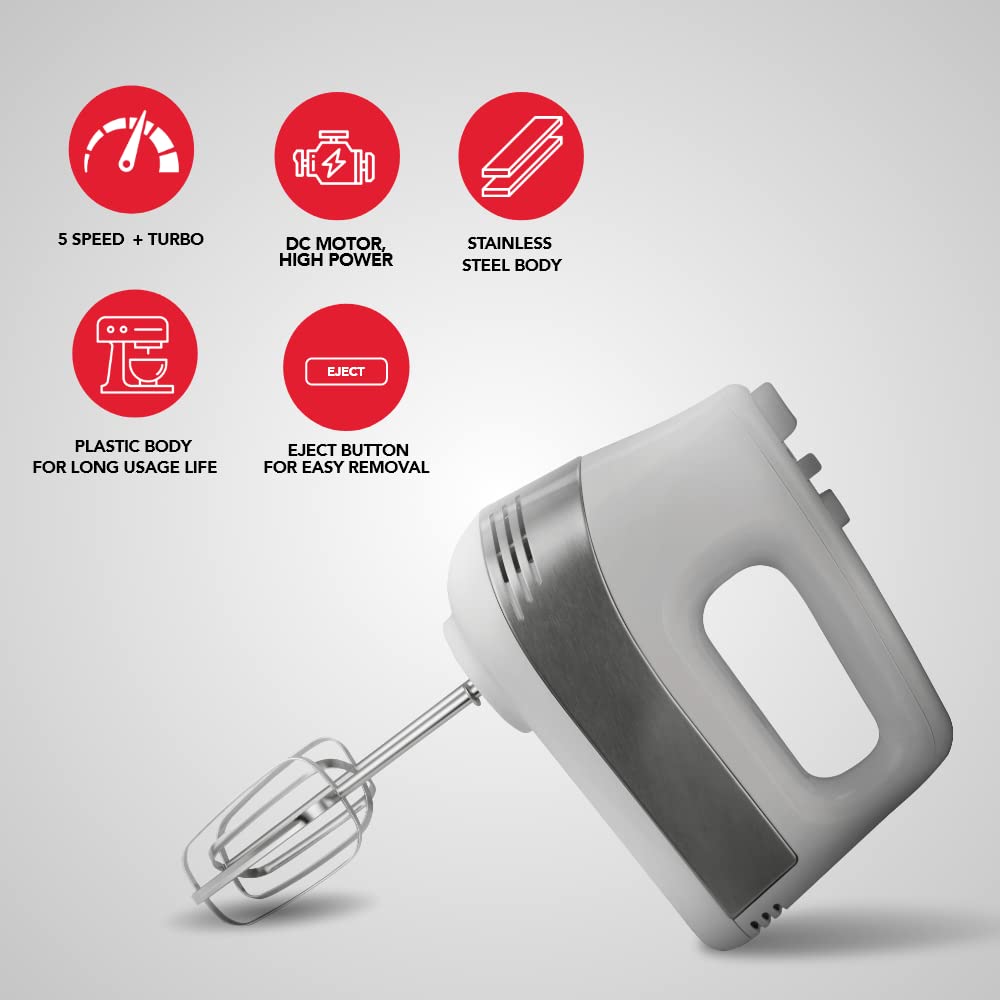 SHARP Hand Mixer | 500W, 5-Speed, Turbo Mode, Multiple Hooks for Whisking and Dough Making | EM-H50N-W