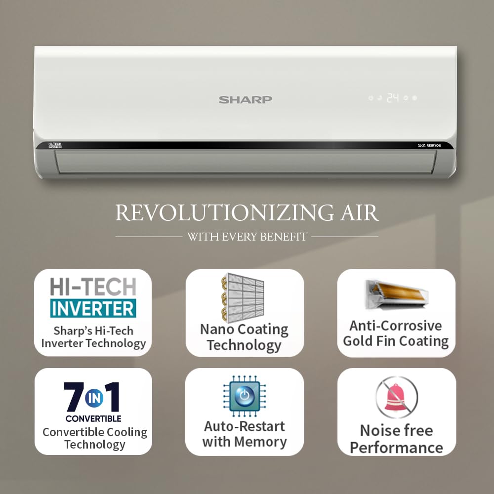 SHARP Reiryou 5 Star Inverter Split Air Conditioner | 7-in-1 Convertible, Turbo Cool Technology, 100% Copper with Gold Fin Coating | 2025 Series