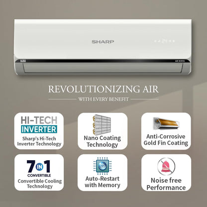 SHARP Reiryou 5 Star Inverter Split Air Conditioner | 7-in-1 Convertible, Turbo Cool Technology, 100% Copper with Gold Fin Coating | 2025 Series