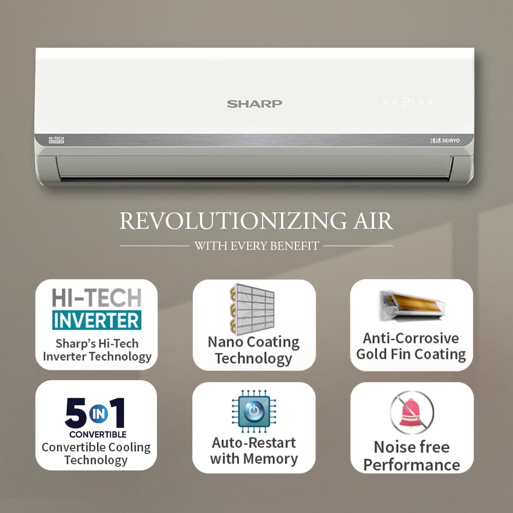 SHARP Seiryo 3 Star Inverter Split Air Conditioner | 5-in-1 Convertible, Turbo Cool Technology, 100% Copper with Gold Fin Coating | 2025 Series