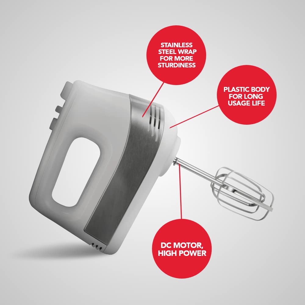 SHARP Hand Mixer | 500W, 5-Speed, Turbo Mode, Multiple Hooks for Whisking and Dough Making | EM-H50N-W