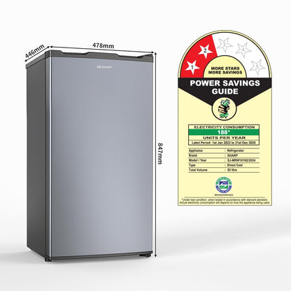 SHARP 92L Mini Single-Door Refrigerator | Toughened Glass Shelves | Japan 7-Shield Protection | SJ-MRW101N2-PSS