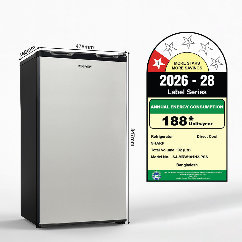 SHARP 92L Mini Single-Door Refrigerator | Toughened Glass Shelves | Japan 7-Shield Protection