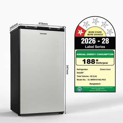 SHARP 92L Mini Single-Door Refrigerator | Toughened Glass Shelves | Japan 7-Shield Protection