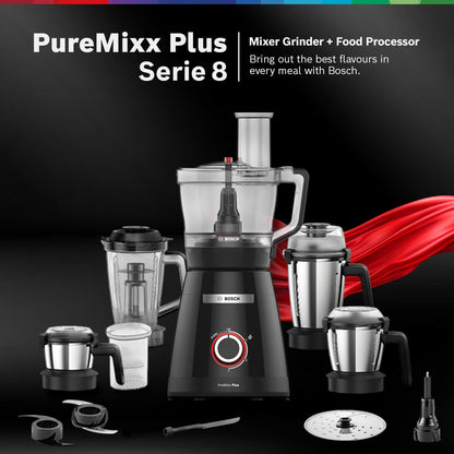 Bosch PureMixx Plus 800W Mixer Grinder & Food Processor | 5 Jars | 40+ Functions | Atta Kneading, Chopping, Wet & Dry Grinding | Hands Free Operation | 7 Year Motor Warranty