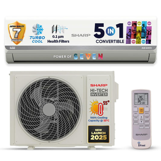 SHARP Seiryo 3 Star Inverter Split Air Conditioner | 5-in-1 Convertible, Turbo Cool Technology, 100% Copper with Gold Fin Coating | 2025 Series