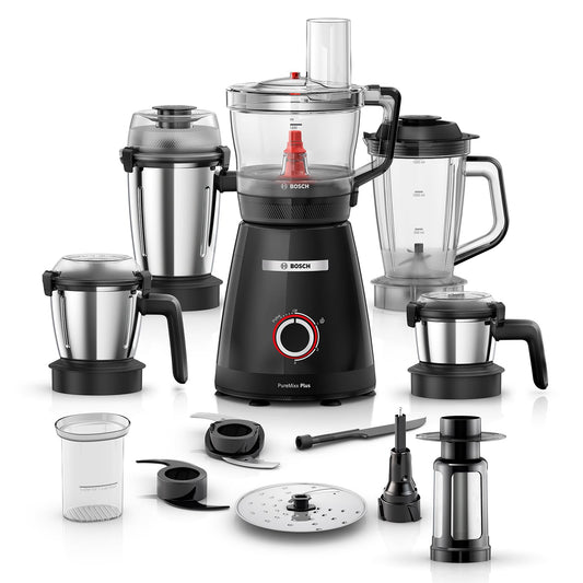Bosch PureMixx Plus 800W Mixer Grinder & Food Processor | 5 Jars | 40+ Functions | Atta Kneading, Chopping, Wet & Dry Grinding | Hands Free Operation | 7 Year Motor Warranty