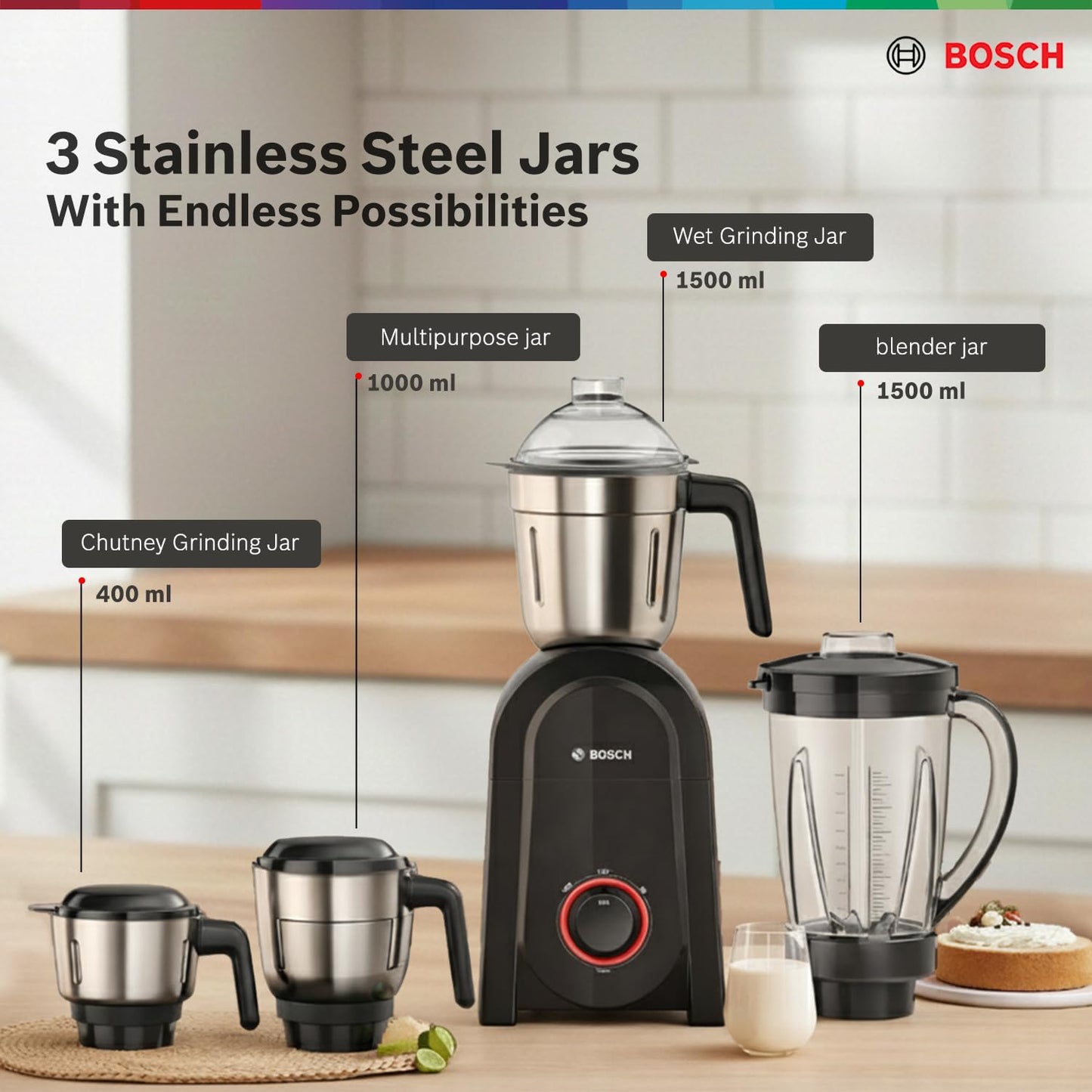 Bosch CosMixx Pro 1000W 4 Jar Mixer Grinder | Tera Power Copper Motor | 22,000 RPM