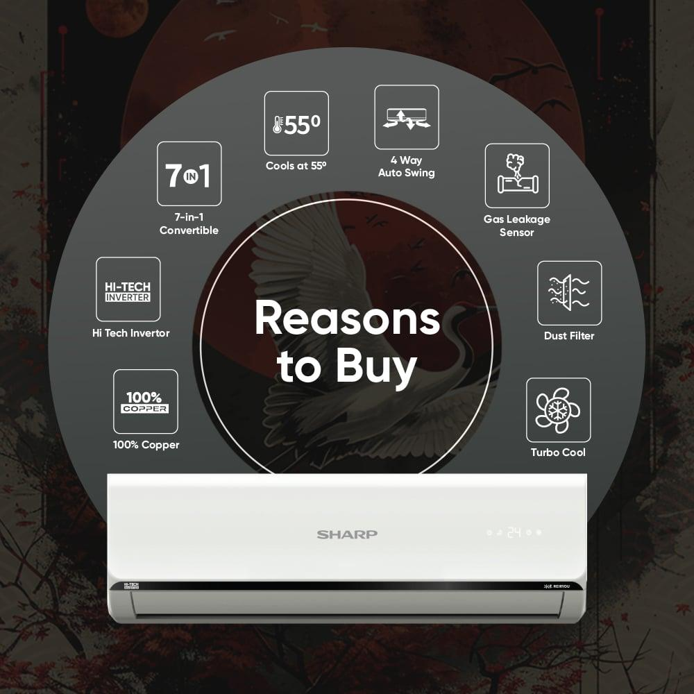 SHARP Reiryou 5 Star Inverter Split Air Conditioner | 7-in-1 Convertible, 4-Way Auto Swing, 100% Copper with Gold Coating | 2026 Series
