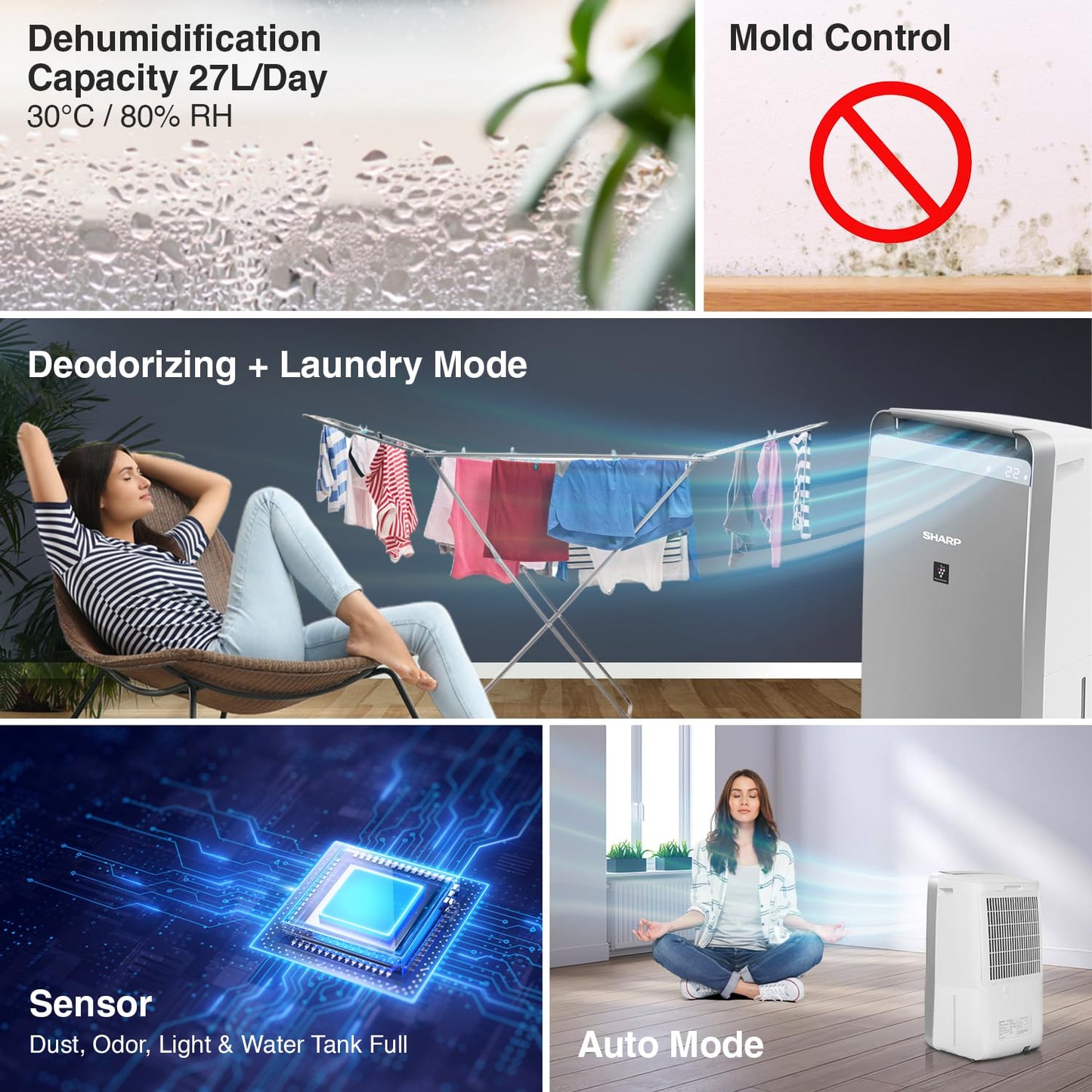 SHARP Air Purifier with Dehumidifier with Plasmacluster | Removes 99.97% Pollutants - Bacteria, Virus, Mold, VOCs  | HEPA, Carbon & Pre Filter | Japan Tech |  550 ft² | DW-J20FM-W