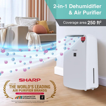 SHARP Compact Dehumidifier for Home & Office with Plasmacluster | Removes Bacteria, Virus, Mold, VOCs | Japan Technology |  250 ft² | DW-P10M-W